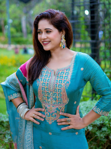 Glittering Teal Soft Tissue Ready to Wear Silk Kurti Set Geetha Creation